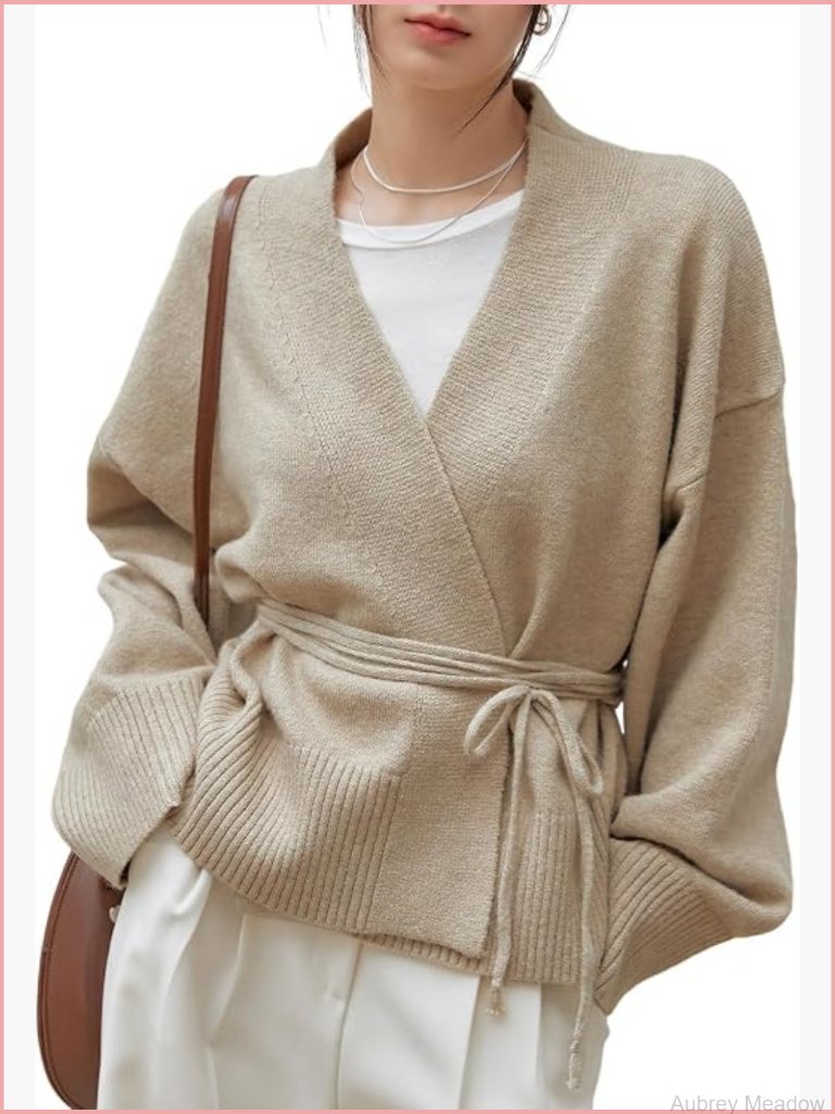 Wrap V Neck Long Sleeve Tie Front Cardigan Casual Sweater